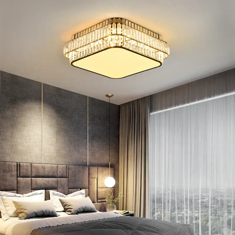 Square gold crystal led ceiling lamp for living room