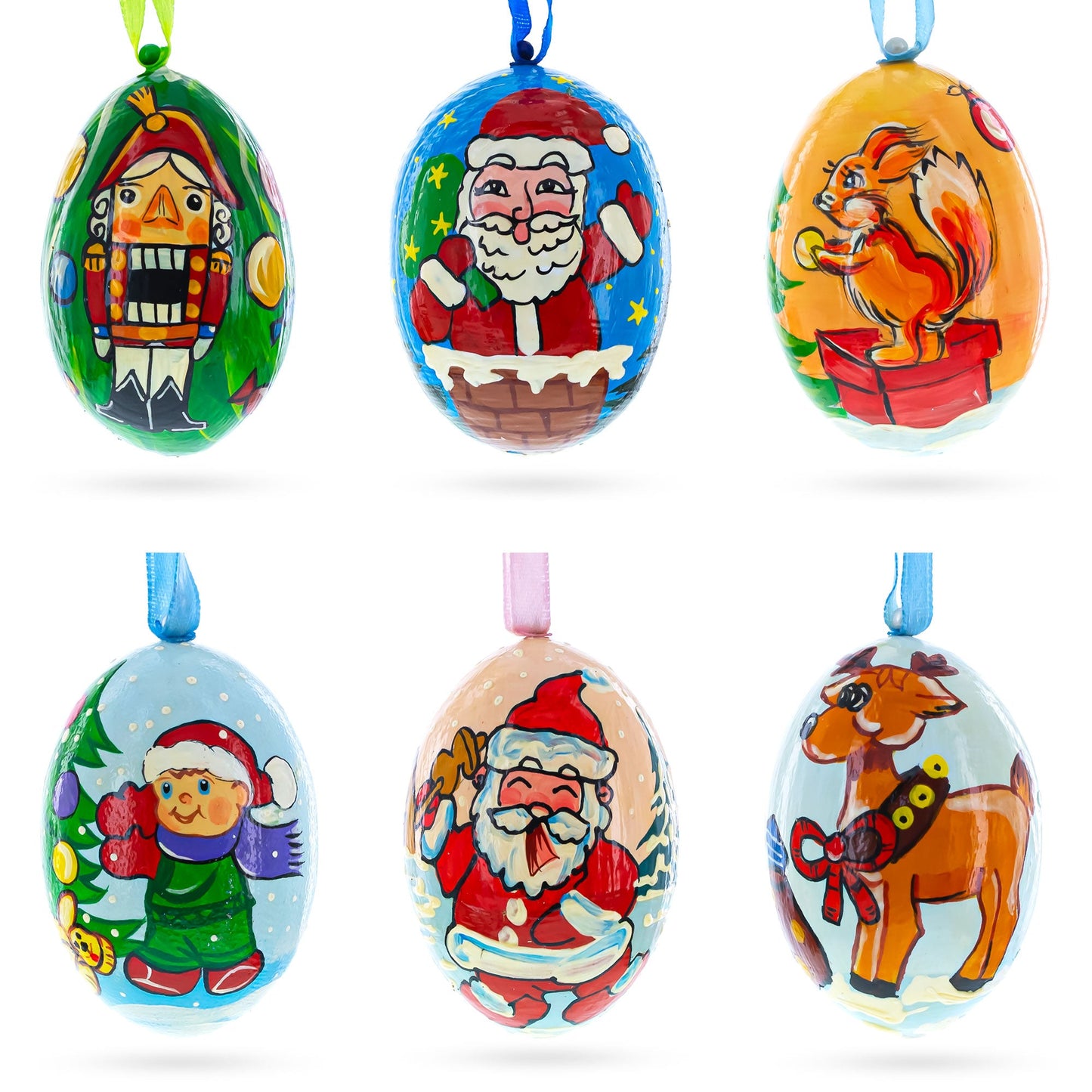 6 Santa, Nutcracker, Reindeer, Squirrel Wooden Christmas Ornaments 3 Inches