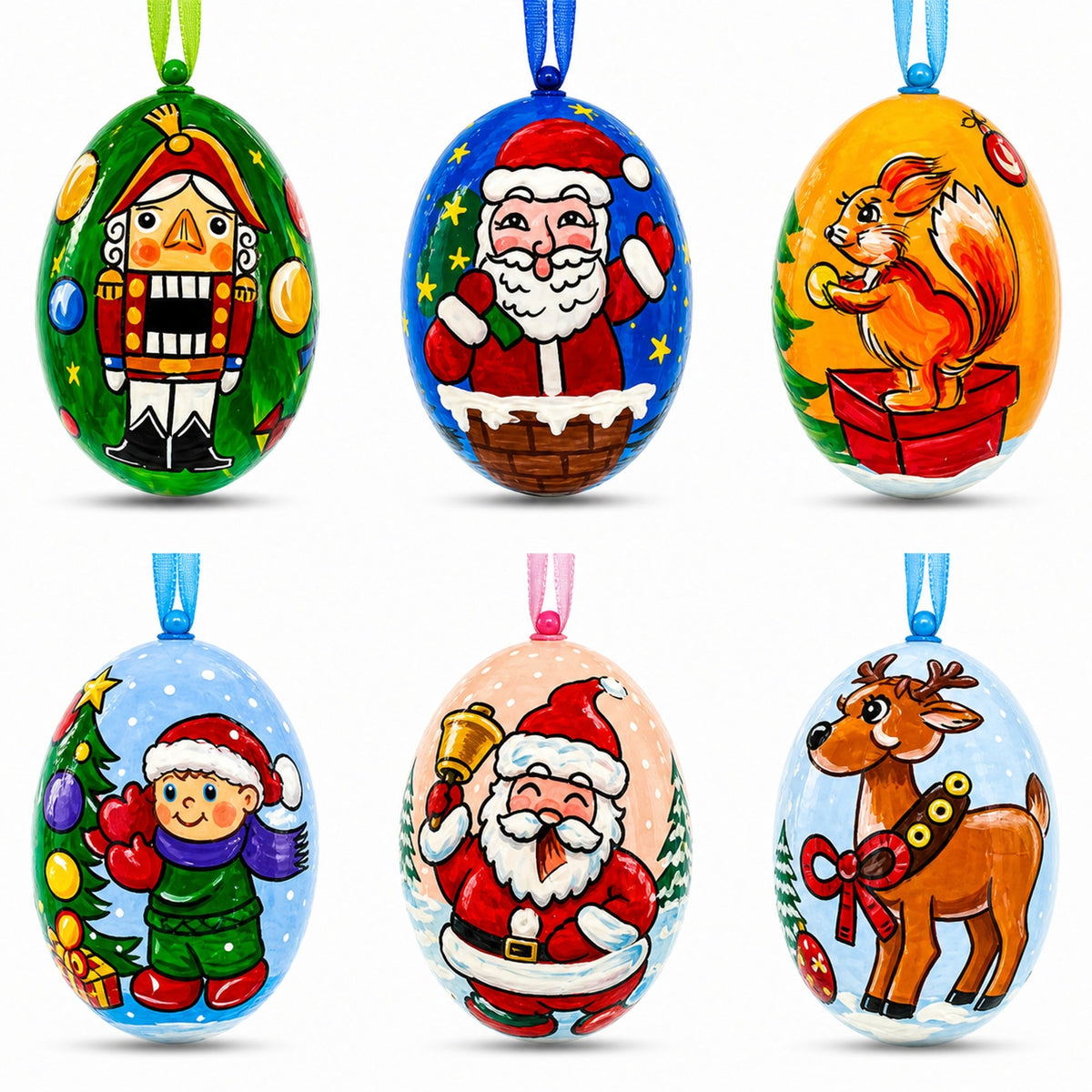 6 Santa, Nutcracker, Reindeer, Squirrel Wooden Christmas Ornaments 3 Inches