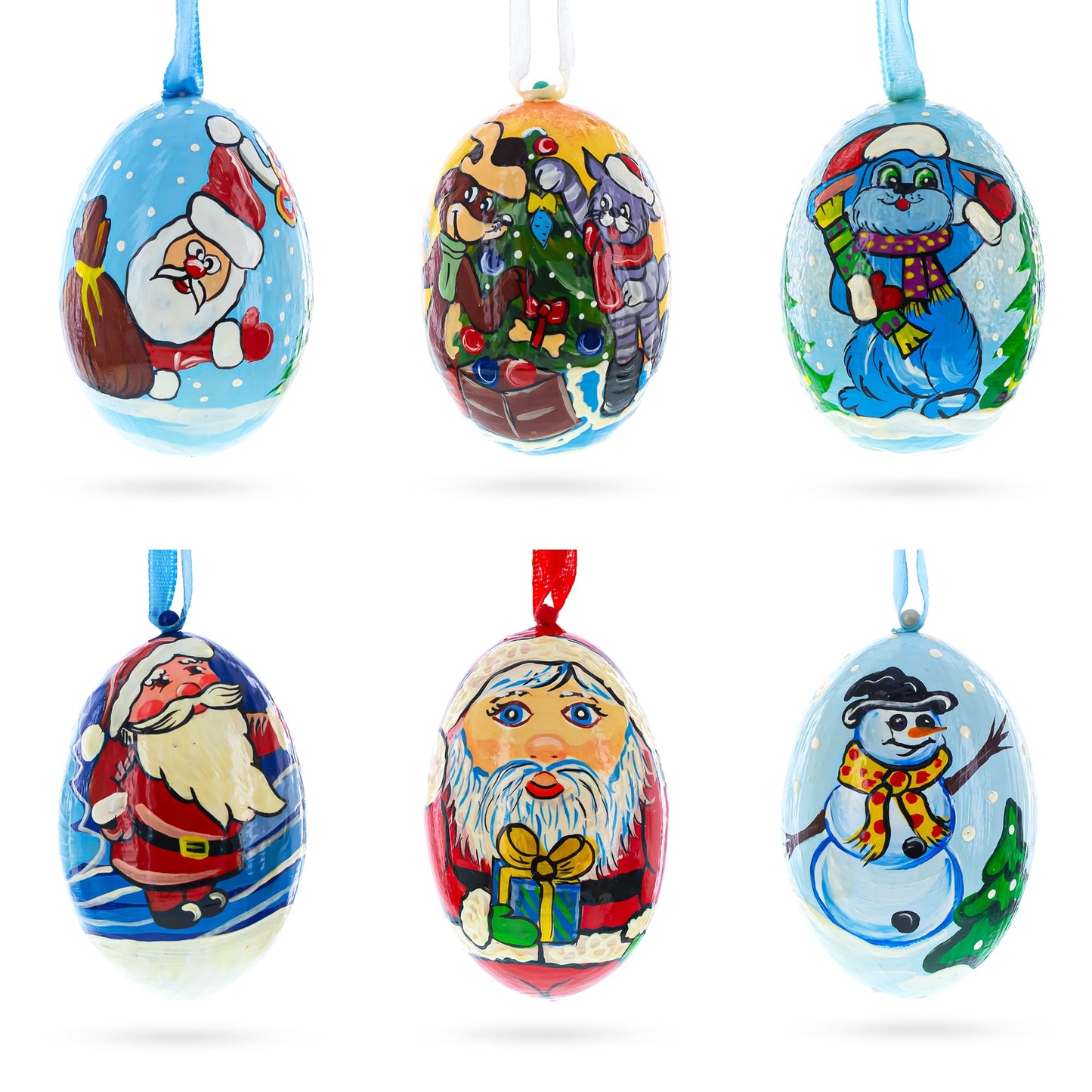 6 Santa, Snowman, Reindeer, Cat and Dog Wooden Christmas Ornaments 3 Inches
