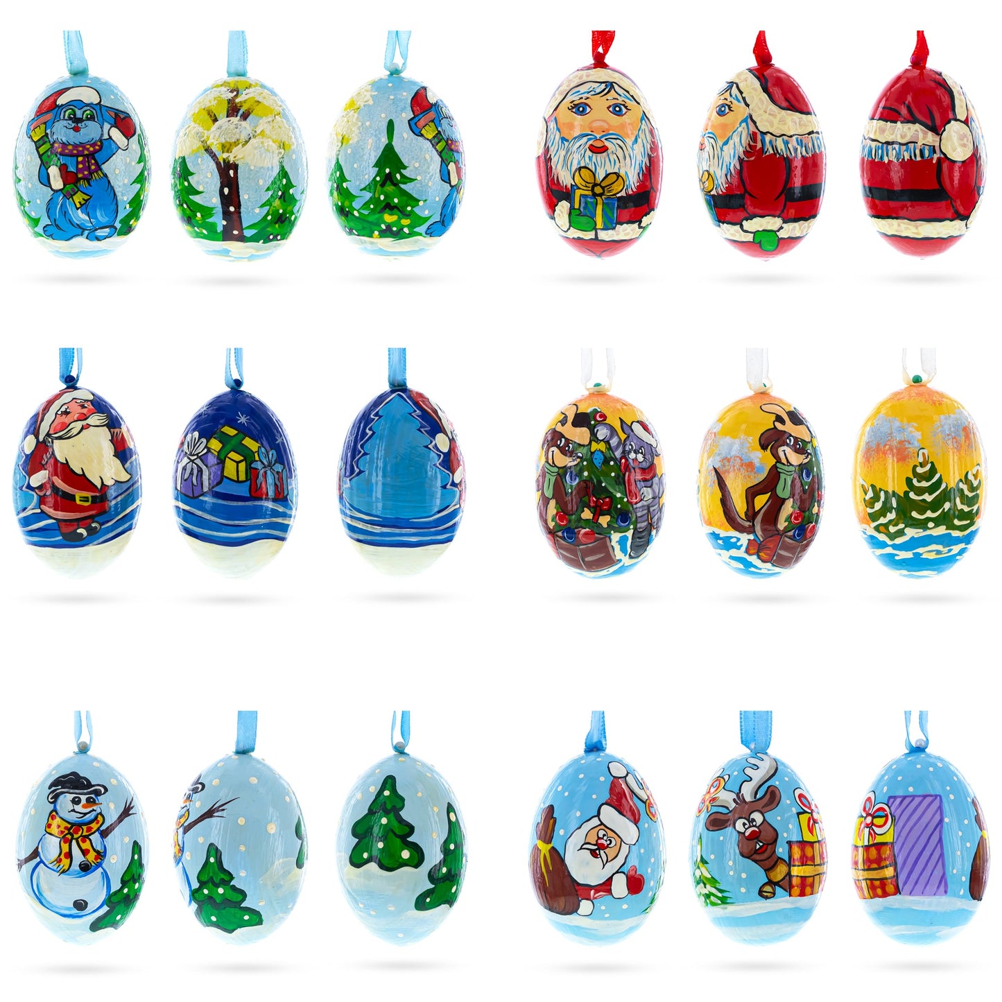 6 Santa, Snowman, Reindeer, Cat and Dog Wooden Christmas Ornaments 3 Inches