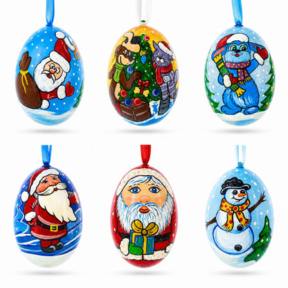 6 Santa, Snowman, Reindeer, Cat and Dog Wooden Christmas Ornaments 3 Inches