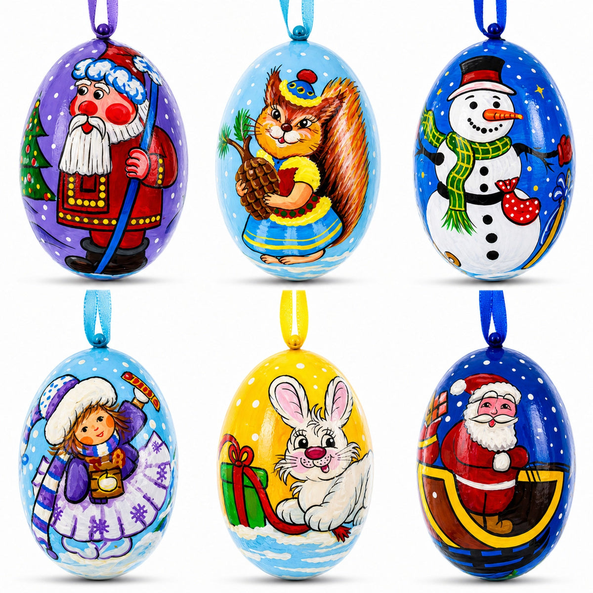 Santa, Snowman, Bunny, Squirrel and Girl Wooden Christmas Ornaments 3 Inches
