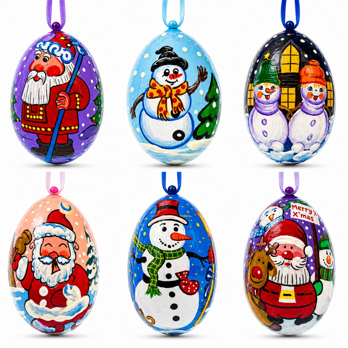 Set of 6 Santa and Snowmen Wooden Christmas Ornaments 3 Inches