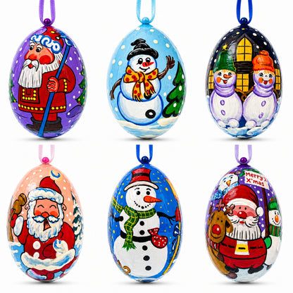 Set of 6 Santa and Snowmen Wooden Christmas Ornaments 3 Inches