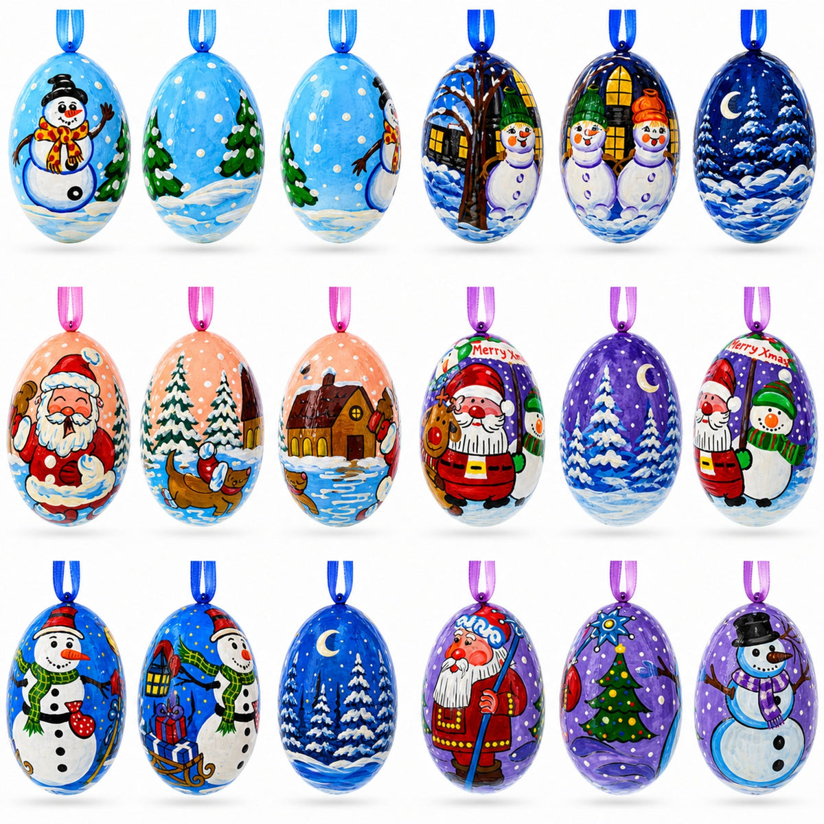 Set of 6 Santa and Snowmen Wooden Christmas Ornaments 3 Inches