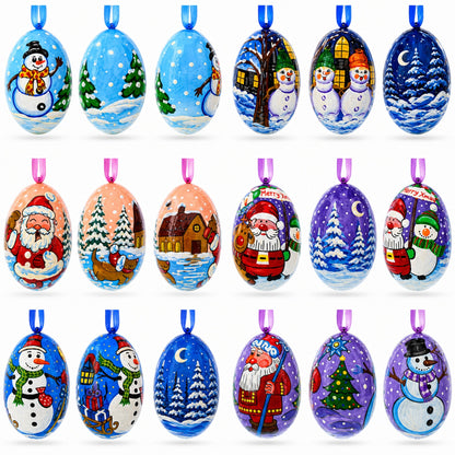 Set of 6 Santa and Snowmen Wooden Christmas Ornaments 3 Inches