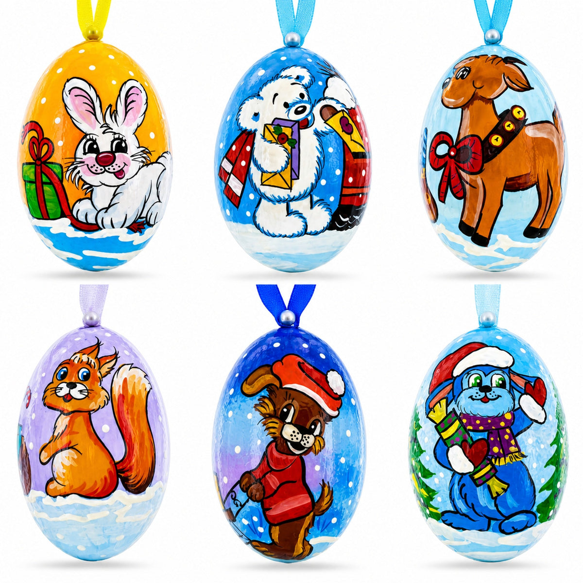 Set of 6 Bunny, Reindeer, Dog and White Bear Wooden Christmas Ornaments 3 Inches