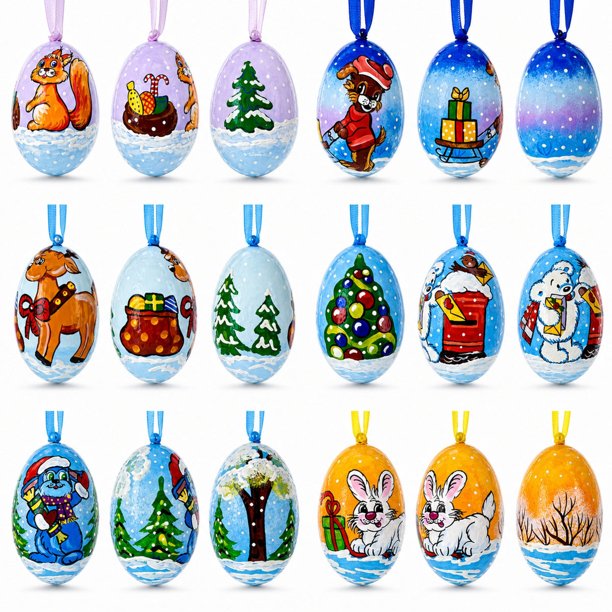 Set of 6 Bunny, Reindeer, Dog and White Bear Wooden Christmas Ornaments 3 Inches