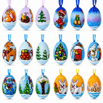 Set of 6 Bunny, Reindeer, Dog and White Bear Wooden Christmas Ornaments 3 Inches