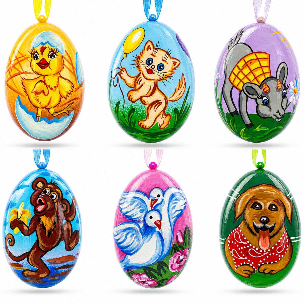 Set of 6 Animals Wooden Christmas Ornaments 3 Inches