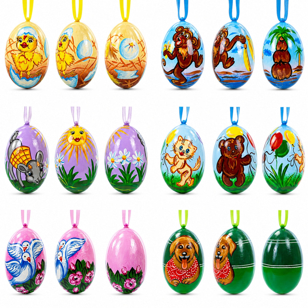 Set of 6 Animals Wooden Christmas Ornaments 3 Inches