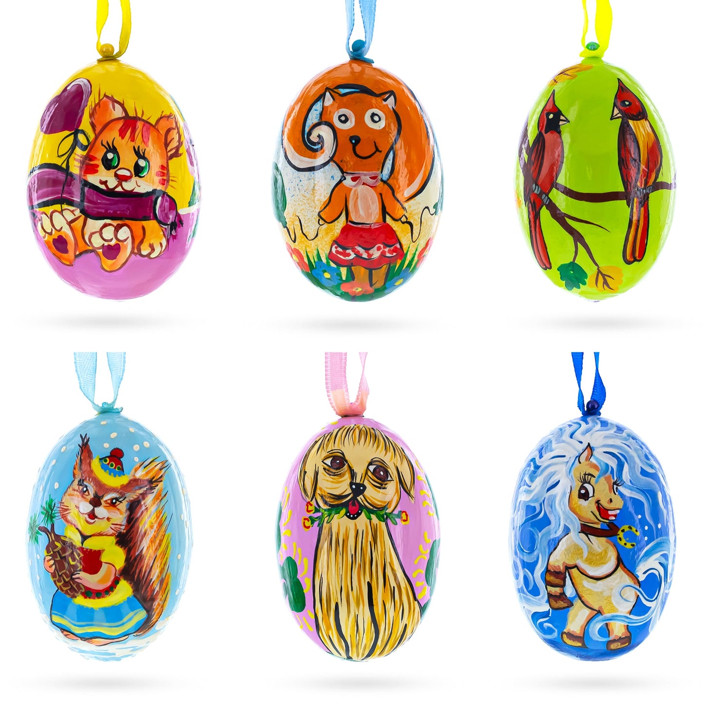 Set of 6, Dog, Cat, Cardinals Birds Wooden Christmas Ornaments 3 Inches