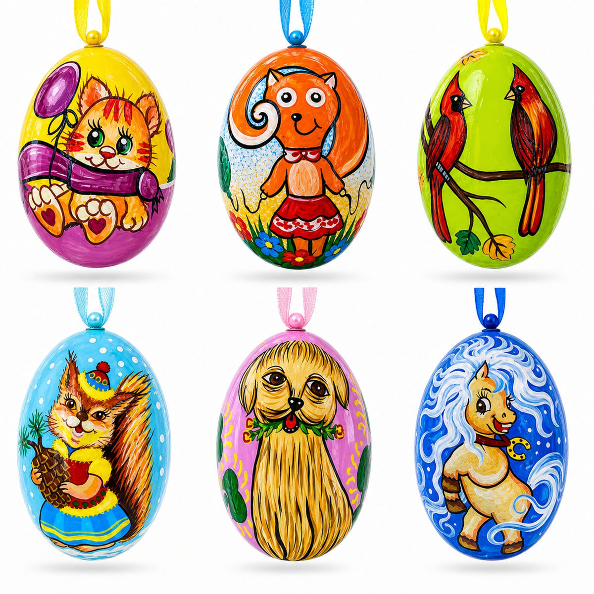 Set of 6, Dog, Cat, Cardinals Birds Wooden Christmas Ornaments 3 Inches