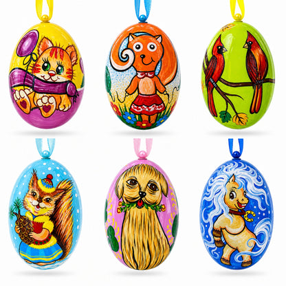 Set of 6, Dog, Cat, Cardinals Birds Wooden Christmas Ornaments 3 Inches