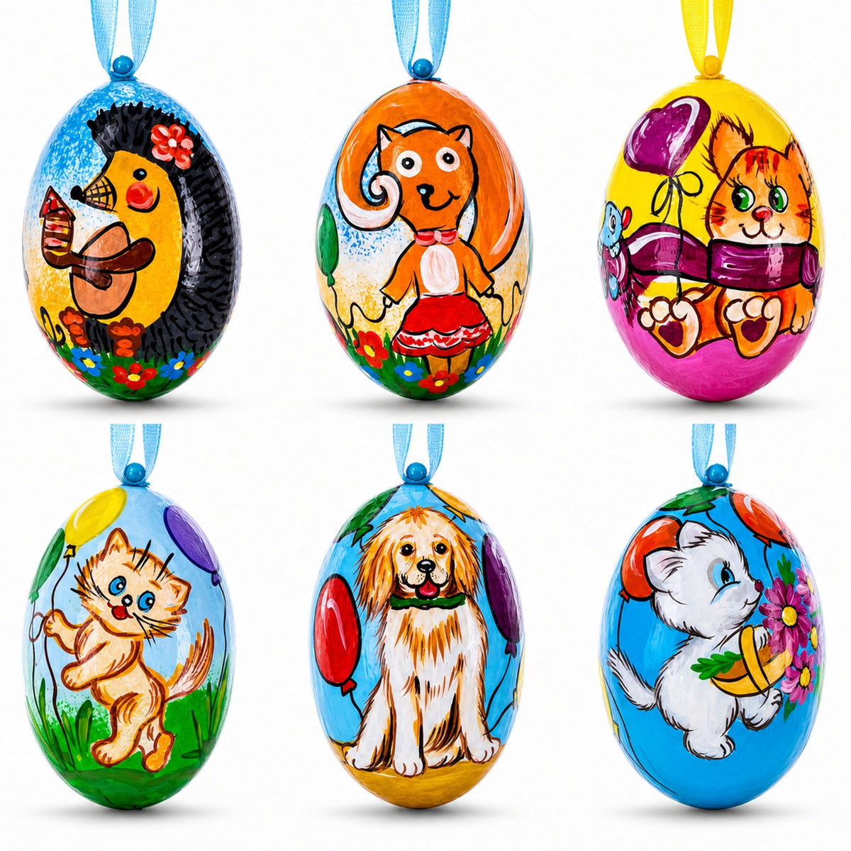 Set of 6- Dog, Cat, Bear, Squirrel Wooden Christmas Ornaments 3 Inches