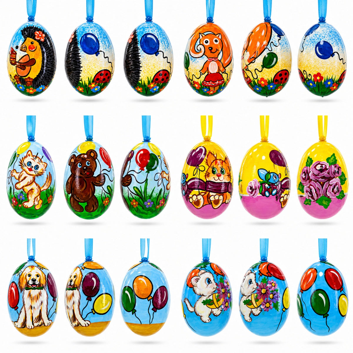 Set of 6- Dog, Cat, Bear, Squirrel Wooden Christmas Ornaments 3 Inches
