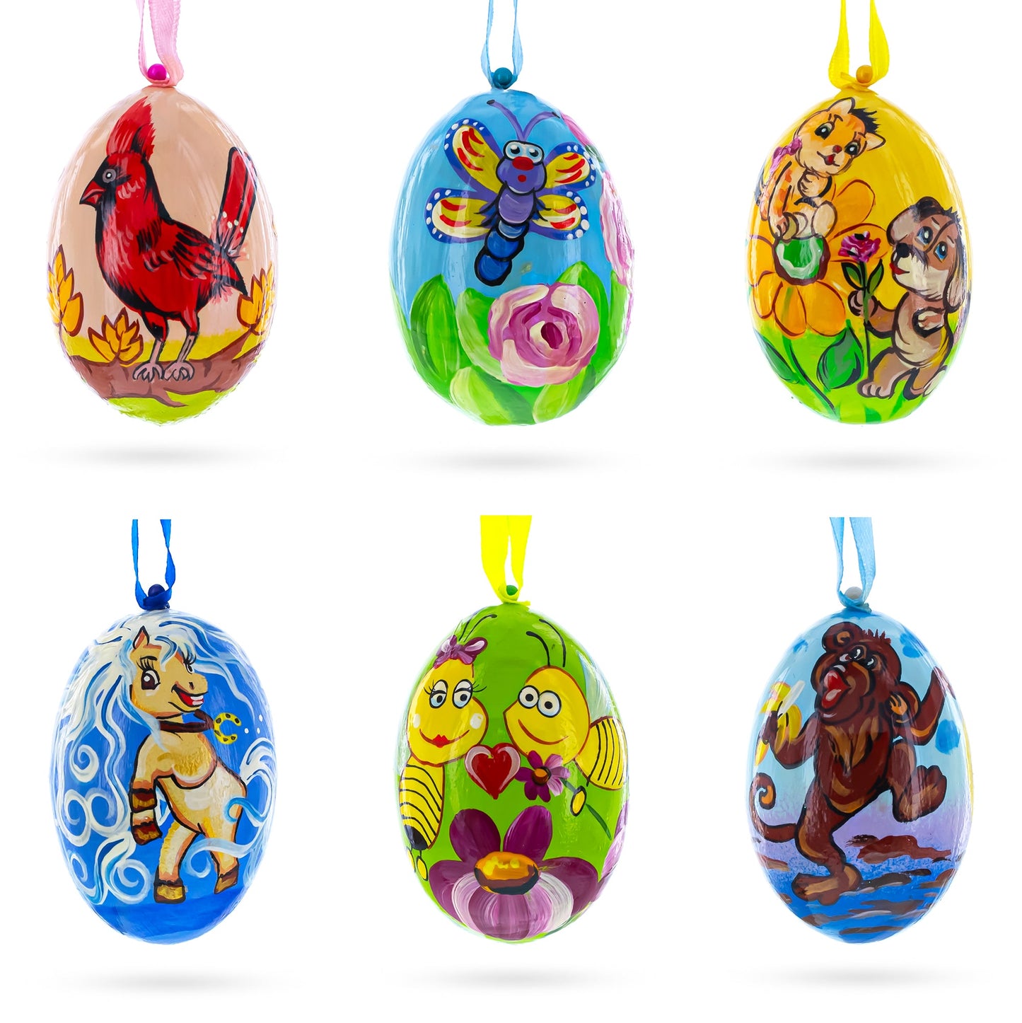 Monkey, Cardinal Bird, Butterfly, Pony and Bee Wooden Christmas Ornaments 3 Inch