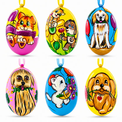 Set of 6- Cats and Dogs Wooden Easter Wooden Christmas Ornaments3 Inches