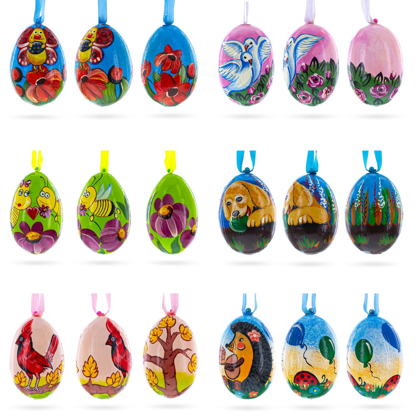 Set of 6- Dog, Birds, Hedgehog, Doves Wooden Christmas Ornaments 3 Inches