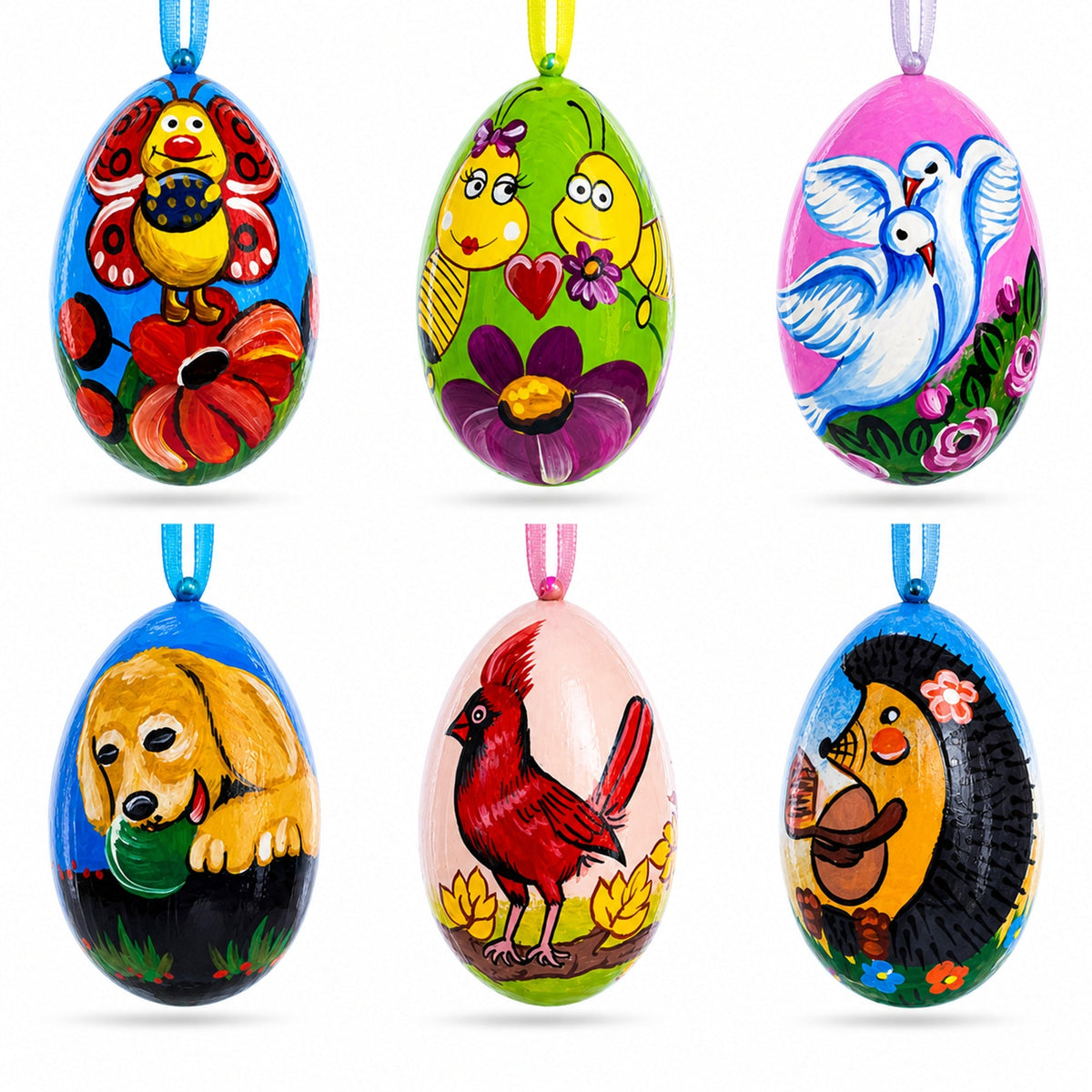 Set of 6- Dog, Birds, Hedgehog, Doves Wooden Christmas Ornaments 3 Inches