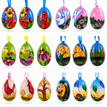 Set of 6- Dog, Birds, Hedgehog, Doves Wooden Christmas Ornaments 3 Inches