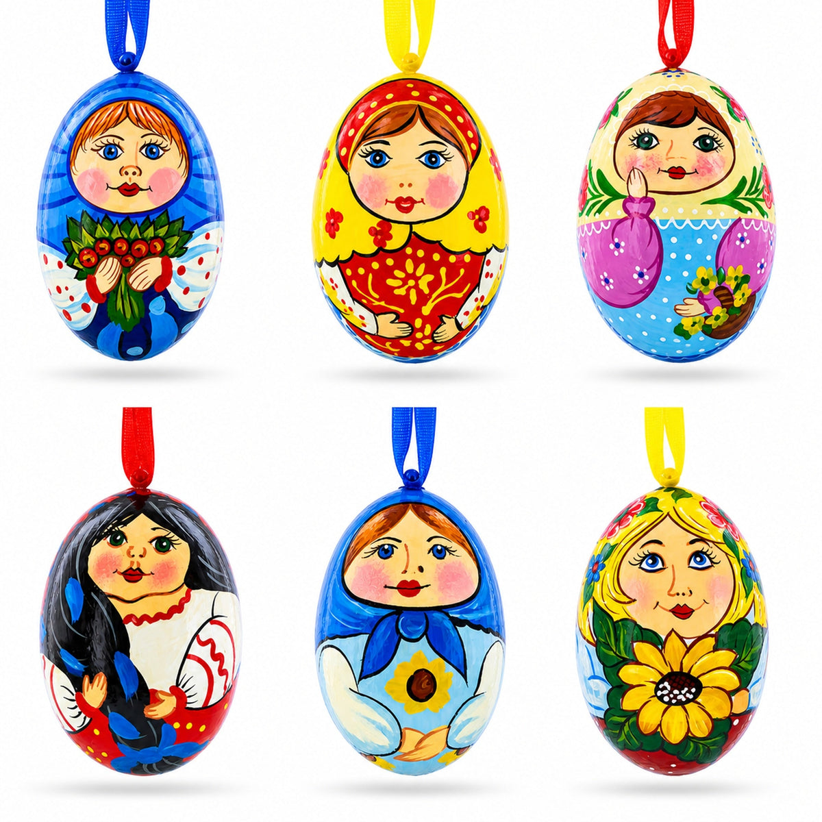6 Ukrainian and  Doll Wooden Christmas Ornaments 3 Inches
