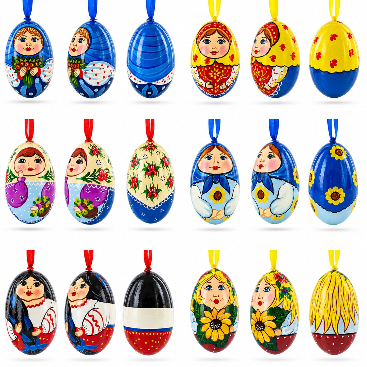 6 Ukrainian and  Doll Wooden Christmas Ornaments 3 Inches