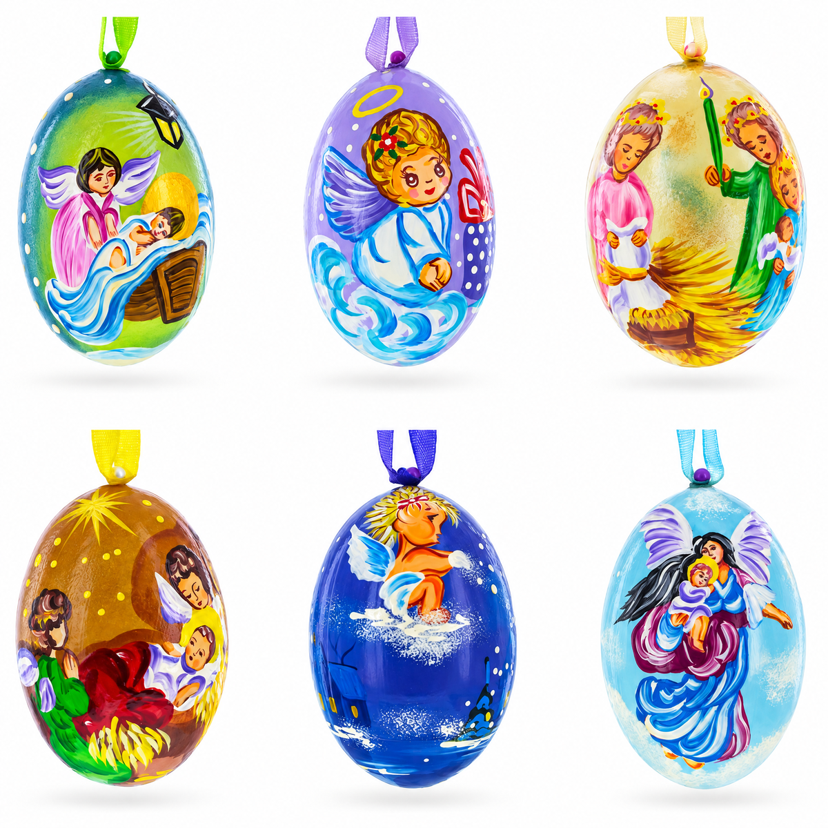 Set of 6 Guardian Angels Wooden Christmas Ornaments 3 Inches