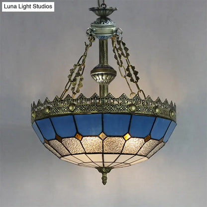 Blue and white stained glass ceiling pendant light kitchen brass accent