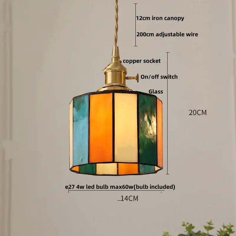Stained glass cube led pendant lamp for bedroom with walnut wood
