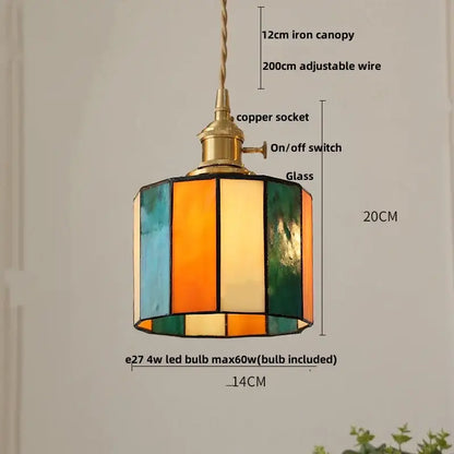 Stained glass cube led pendant lamp for bedroom with walnut wood