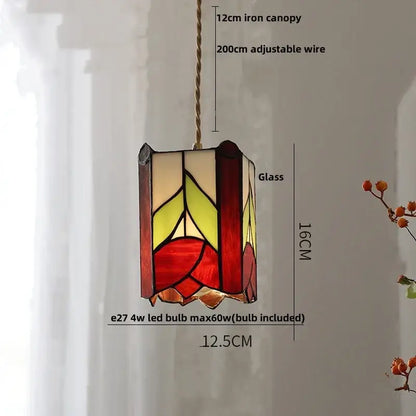 Stained glass cube led pendant lamp for bedroom with walnut wood
