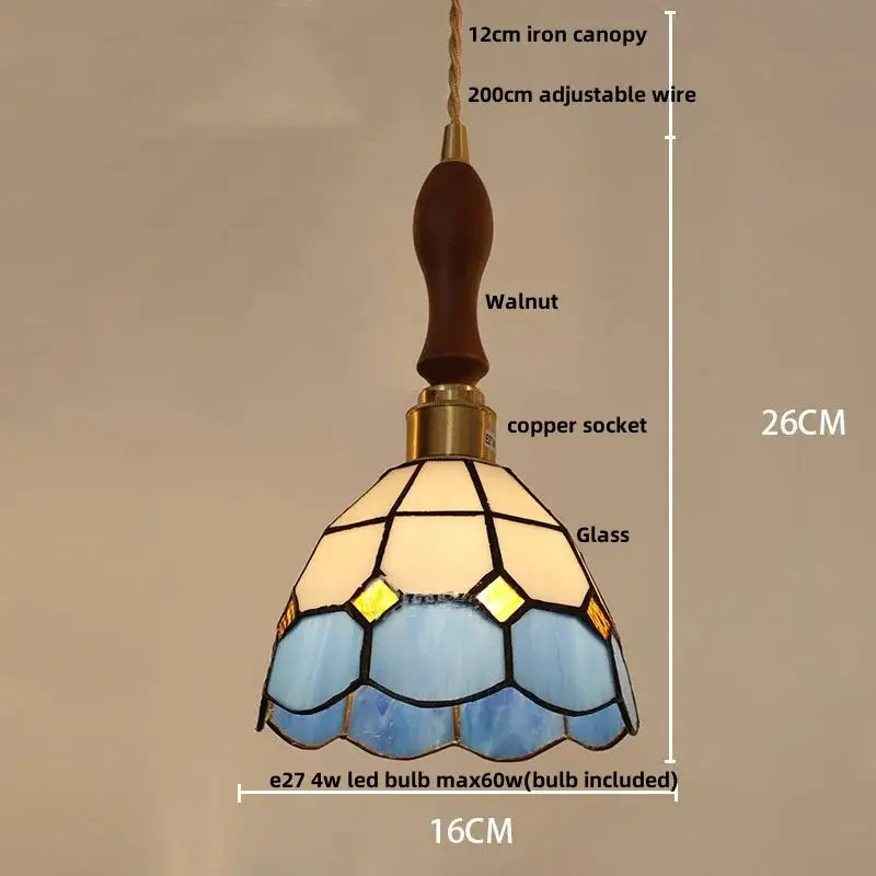 Stained glass cube led pendant lamp for bedroom with walnut wood