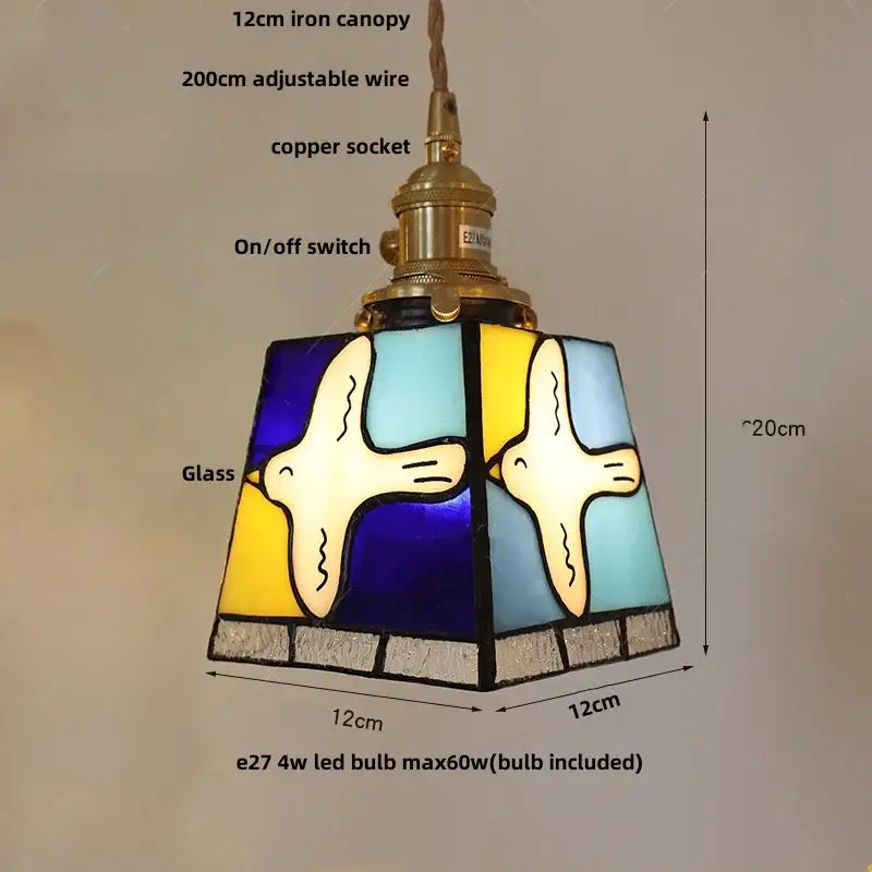 Stained glass cube led pendant lamp for bedroom with walnut wood