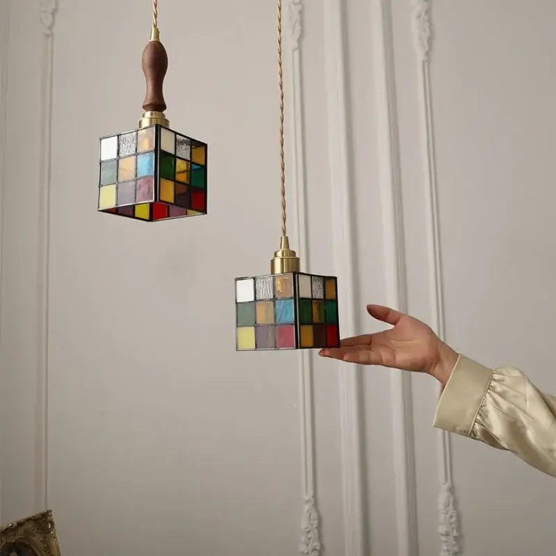 Stained glass cube led pendant lamp for bedroom with walnut wood