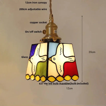 Stained glass cube led pendant lamp for bedroom with walnut wood