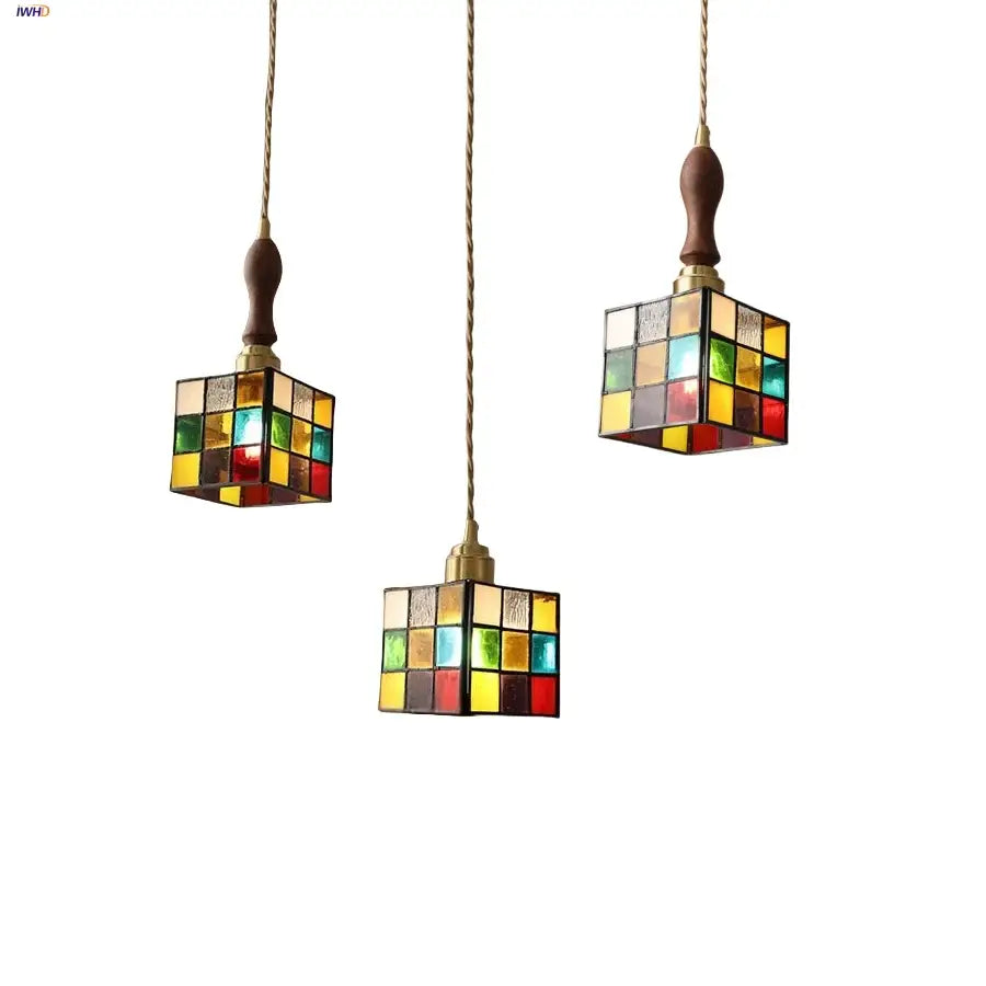 Stained glass cube led pendant lamp for bedroom with walnut wood