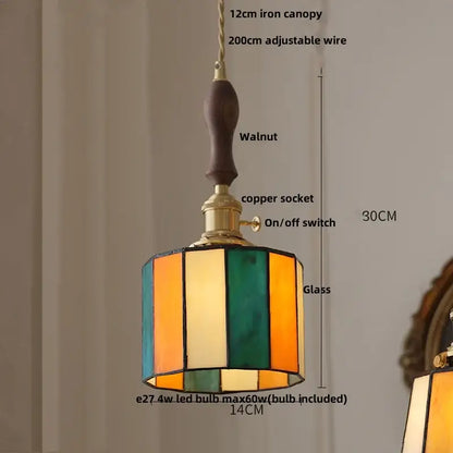 Stained glass cube led pendant lamp for bedroom with walnut wood