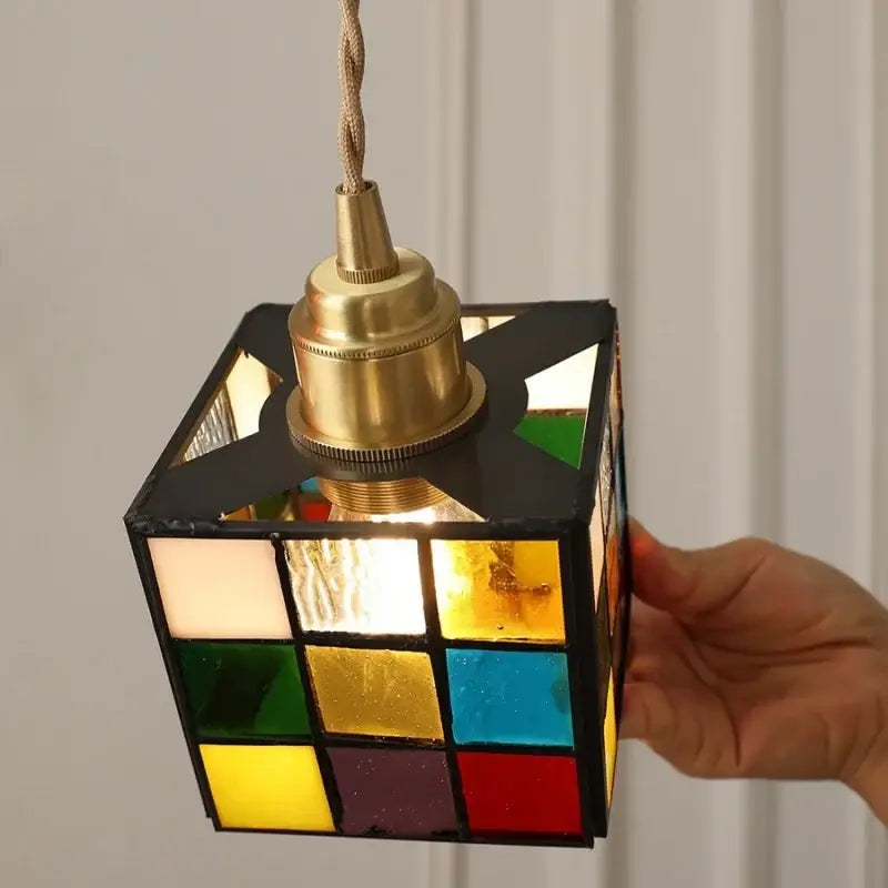 Stained glass cube led pendant lamp for bedroom with walnut wood