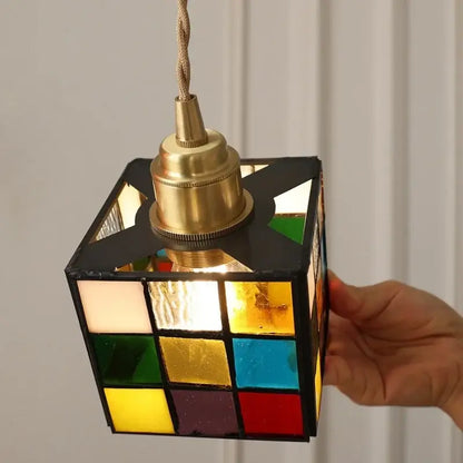 Stained glass cube led pendant lamp for bedroom with walnut wood