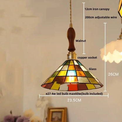 Stained glass cube led pendant lamp for bedroom with walnut wood