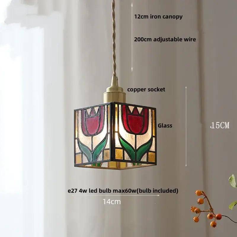 Stained glass cube led pendant lamp for bedroom with walnut wood