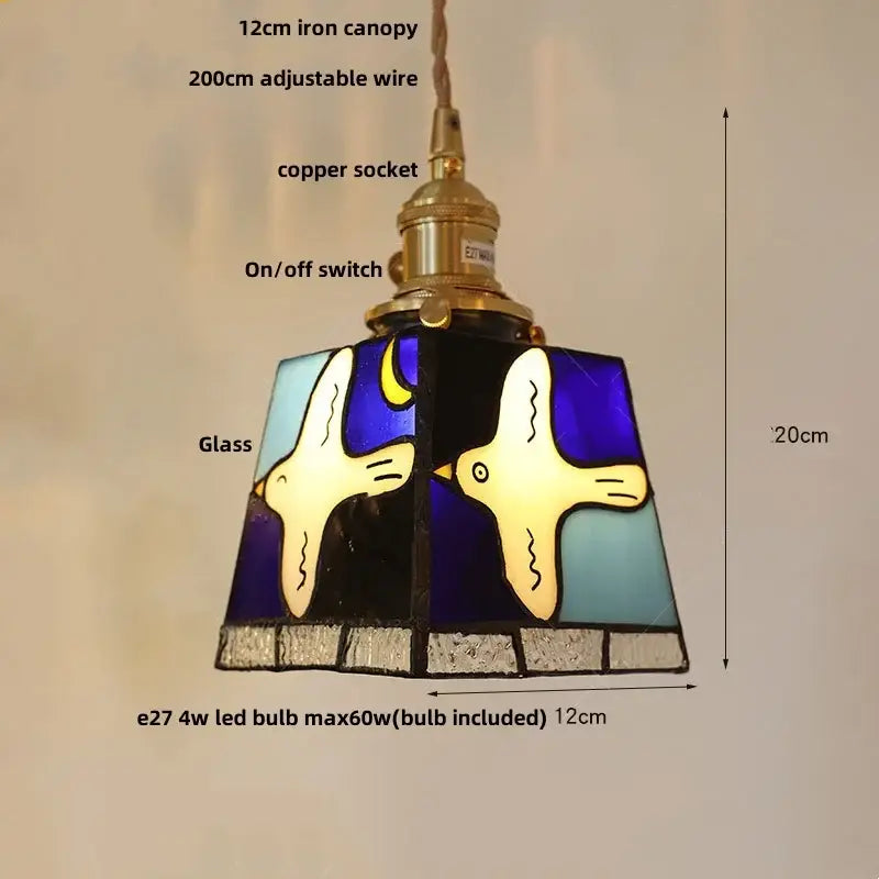 Stained glass cube led pendant lamp for bedroom with walnut wood