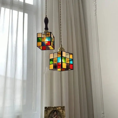 Stained glass cube led pendant lamp for bedroom with walnut wood