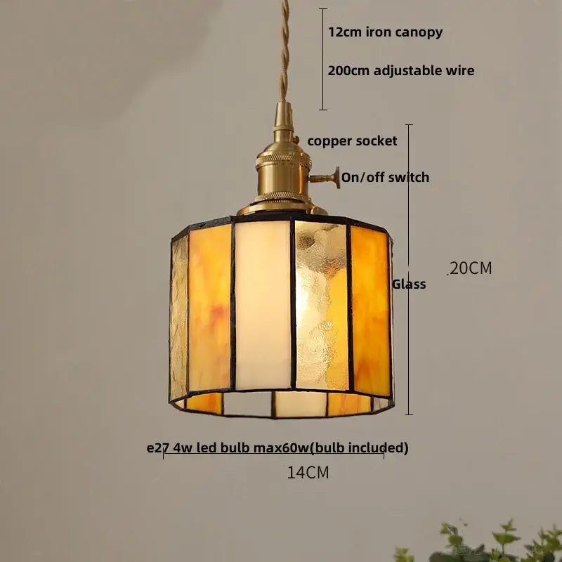 Stained glass cube led pendant lamp for bedroom with walnut wood