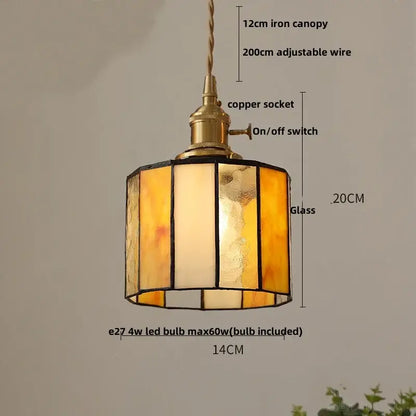 Stained glass cube led pendant lamp for bedroom with walnut wood