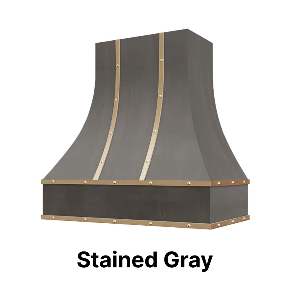 Wood Range Hood With Curved Front, Brass Strapping and Buttons - 30", 36", 42", 48", 54" and 60" Widths Available