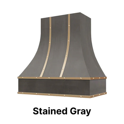 Wood Range Hood With Curved Front, Brass Strapping and Buttons - 30", 36", 42", 48", 54" and 60" Widths Available