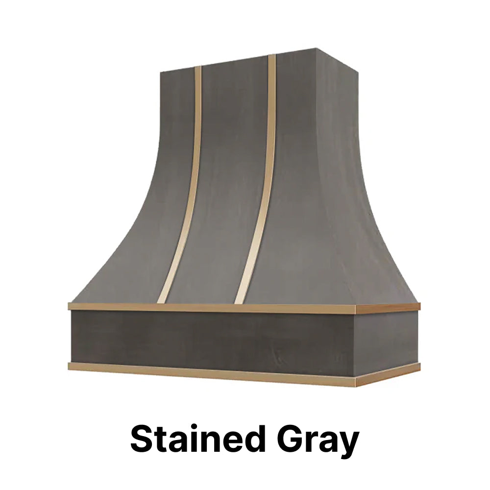 Wood Range Hood With Curved Front and Brass Strapping and Flat Trim - 30" 36" 42" 48" 54" and 60" Widths Available